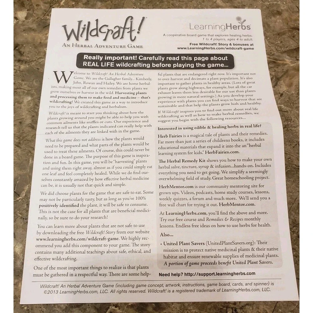 Wildcraft! Board Game Learning Herbs An Herbal Adventure Family Fun 2020 Ages 4+